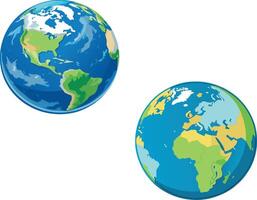 Two globes showing american and european continents rotating in space vector