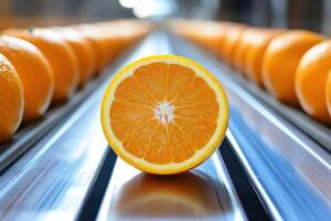 Freshly sliced orange on a conveyor belt in a fruit processing facility photo