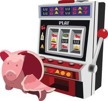 A slot machine with a pig in front of it vector