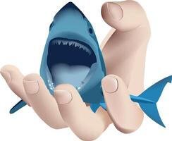 A hand holding a shark with its mouth open vector