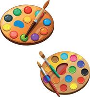 Two wooden palettes with paintbrushes and colorful paints displaying artistic flair vector