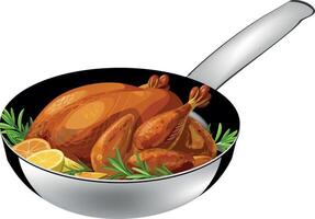Roasted chicken with rosemary and citrus fruits in frying pan vector