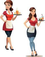 Two smiling waitresses holding trays with drinks and snacks vector
