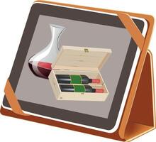 Wine decanter and two bottles of red wine in wooden box vector