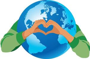 Hands making heart shape around earth globe showing love and care vector