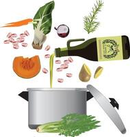 A pot with vegetables and a bottle of wine vector