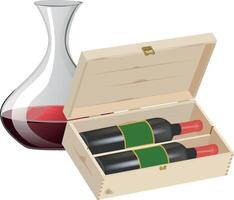 Wine decanter and two bottles of red wine in wooden box vector