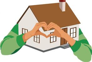 Two hands making heart shape around miniature house vector