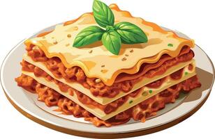 Delicious lasagna bolognese dish decorated with fresh basil leaves vector