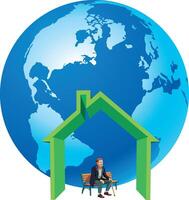 A man sitting on a bench in front of a house with a globe vector