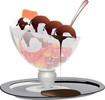 Vanilla ice cream sundae dripping with chocolate sauce and fruit in glass bowl vector