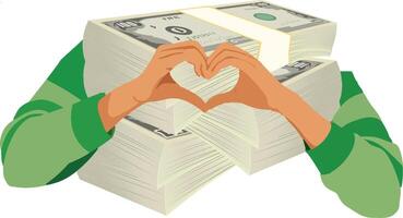 Hands making heart shape on stack of money vector