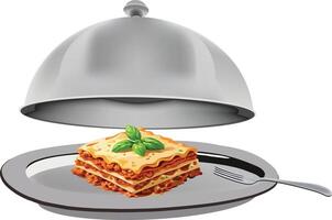 A plate with lasagna and a cloche on it vector