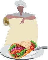 A chef holding a menu and a sandwich on a plate vector
