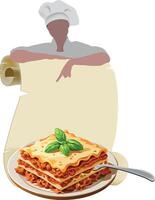 A chef holding a plate of lasagna and a scroll vector