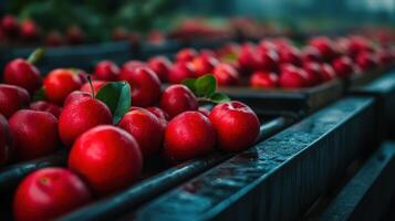 Fresh red apples collected in crates at a farm during the harvest season photo