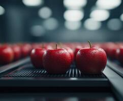Freshly harvested apples drying on a conveyor belt in a facility photo