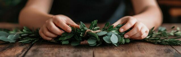 Creating a natural wreath with fresh foliage on a rustic table photo