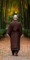 A monk walking through a serene bamboo forest during autumn photo