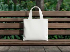 A blank white tote bag rests on a wooden bench in a green park photo