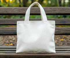 A simple white tote bag resting on a wooden park bench in autumn photo