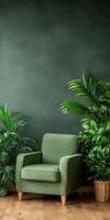 Cozy green armchair surrounded by lush plants in a serene indoor space photo