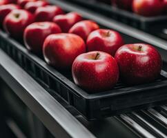 Freshly harvested apples displayed on a sorting conveyor in a warehouse photo