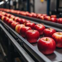 Red apples moving along a conveyor belt in a bustling packing facility photo