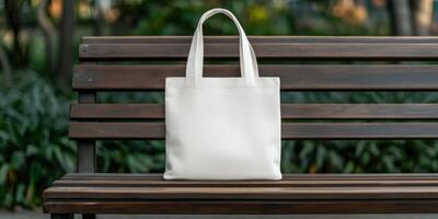A white tote bag resting on a wooden bench in a serene park setting photo