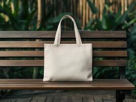 A beige tote bag resting on a wooden bench in a lush garden setting photo