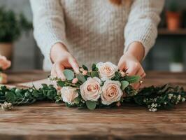 Creating a floral arrangement with pink roses and greenery at a workshop photo