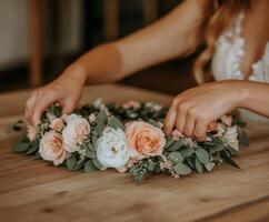 Crafting a floral crown using peach and white flowers indoors photo