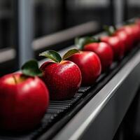 Fresh red apples arranged in a neat line on a conveyor belt in a warehouse photo