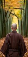 Monk walking through a serene bamboo forest in autumn photo