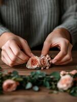 Creating a beautiful floral arrangement with pink roses at home photo