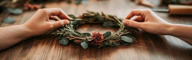 Crafting a floral wreath with fresh greenery and decorative elements photo