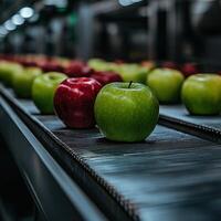 Apples being sorted on a conveyor belt in a processing facility photo