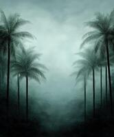 Hurricane approaching lush palm trees under a stormy sky at dusk photo