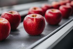 Fresh red apples on conveyor belt during sorting process in an orchard photo