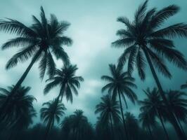 Hurricane clouds loom over swaying palm trees in the tropical landscape photo