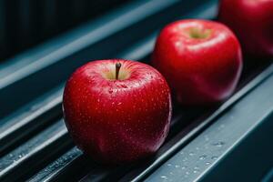 Fresh red apples lined up on a conveyor belt in a packing facility photo