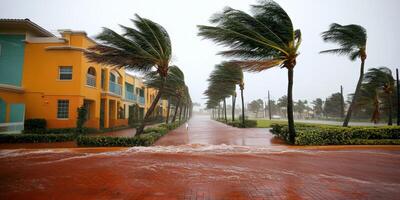 Hurricane winds uproot trees and flood streets in coastal community photo