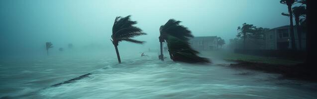 Hurricane winds whip through coastal trees and flood streets at dusk photo