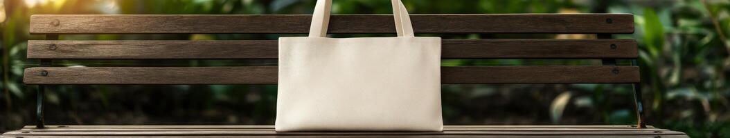 A simple white tote bag left on a wooden bench in a park at sunset photo