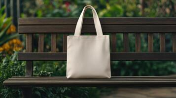 A simple white tote bag sits on a wooden bench in a garden photo