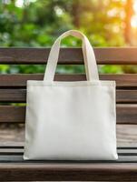 A blank tote bag resting on a bench in a serene park during sunset photo
