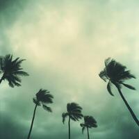Powerful hurricane winds bend palm trees against a darkening sky photo