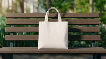 A minimalist tote bag resting on a wooden bench in a vibrant park photo