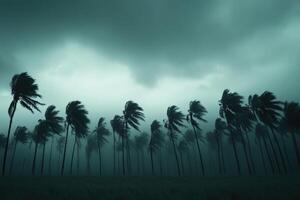 Hurricane winds bend trees in a coastal area under dark stormy skies photo