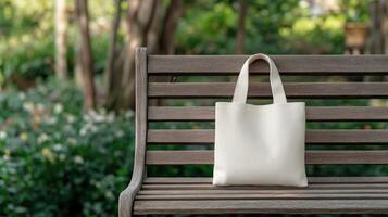 A stylish bag rests on a wooden bench in a serene garden setting photo